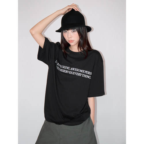FUNKYFUN 标语印花亲肤柔软宽松大版型松弛廓形落肩男女短袖T恤