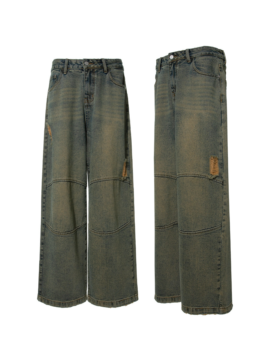 FUNKYFUN ORIGINAL DESIGN WASH WATER DO OLD LOOSE STRAIGHT JEANS MENS AND WOMENS TRENDY RIPPED HOLES EDGED WIDE-LEG PANTS