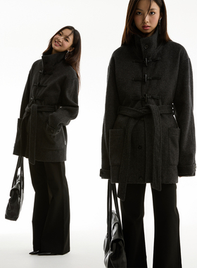 FUNKYFUN 2024AW 纯色牛角扣可调节腰带中长款毛呢大衣外套