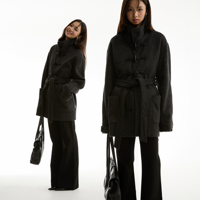 FUNKYFUN 2024AW 纯色牛角扣可调节腰带中长款毛呢大衣外套