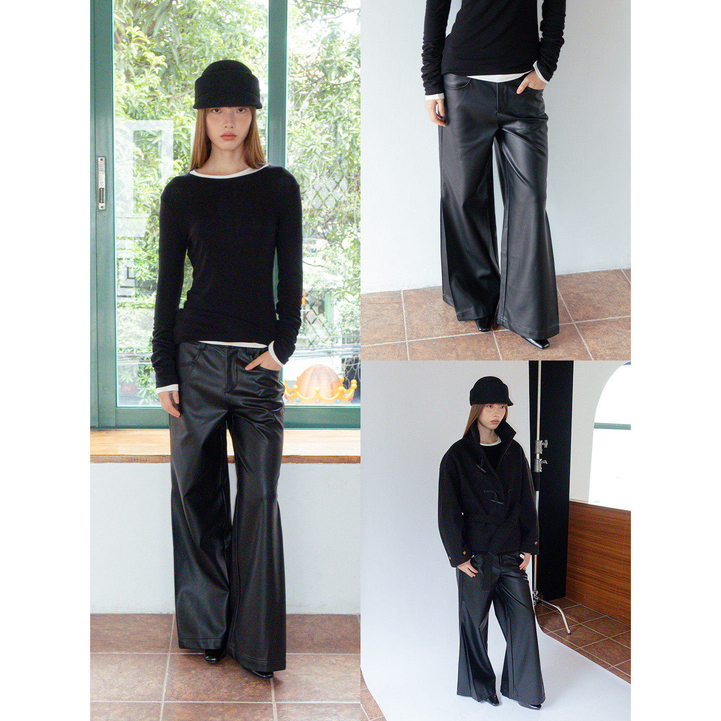 FUNKYFUN 立体压褶侧开衩 直筒宽松皮裤休闲裤中腰长裤