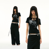 宽领系带镂空手绘花体字logo莱赛尔短袖 FUNKYFUN 2025SS tee