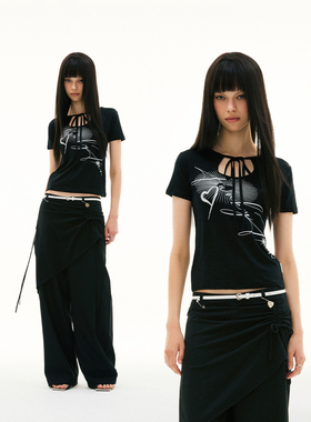 FUNKYFUN 2025SS 宽领系带镂空手绘花体字logo莱赛尔短袖tee