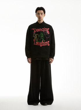 FUNKYFUN 2024AW 手绘怪诞图案Dancing标语印花加绒宽松圆领卫衣