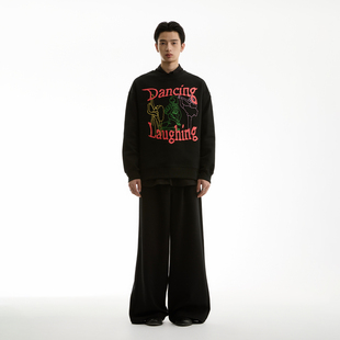 FUNKYFUN 手绘怪诞图案Dancing标语印花加绒宽松圆领卫衣 2024AW