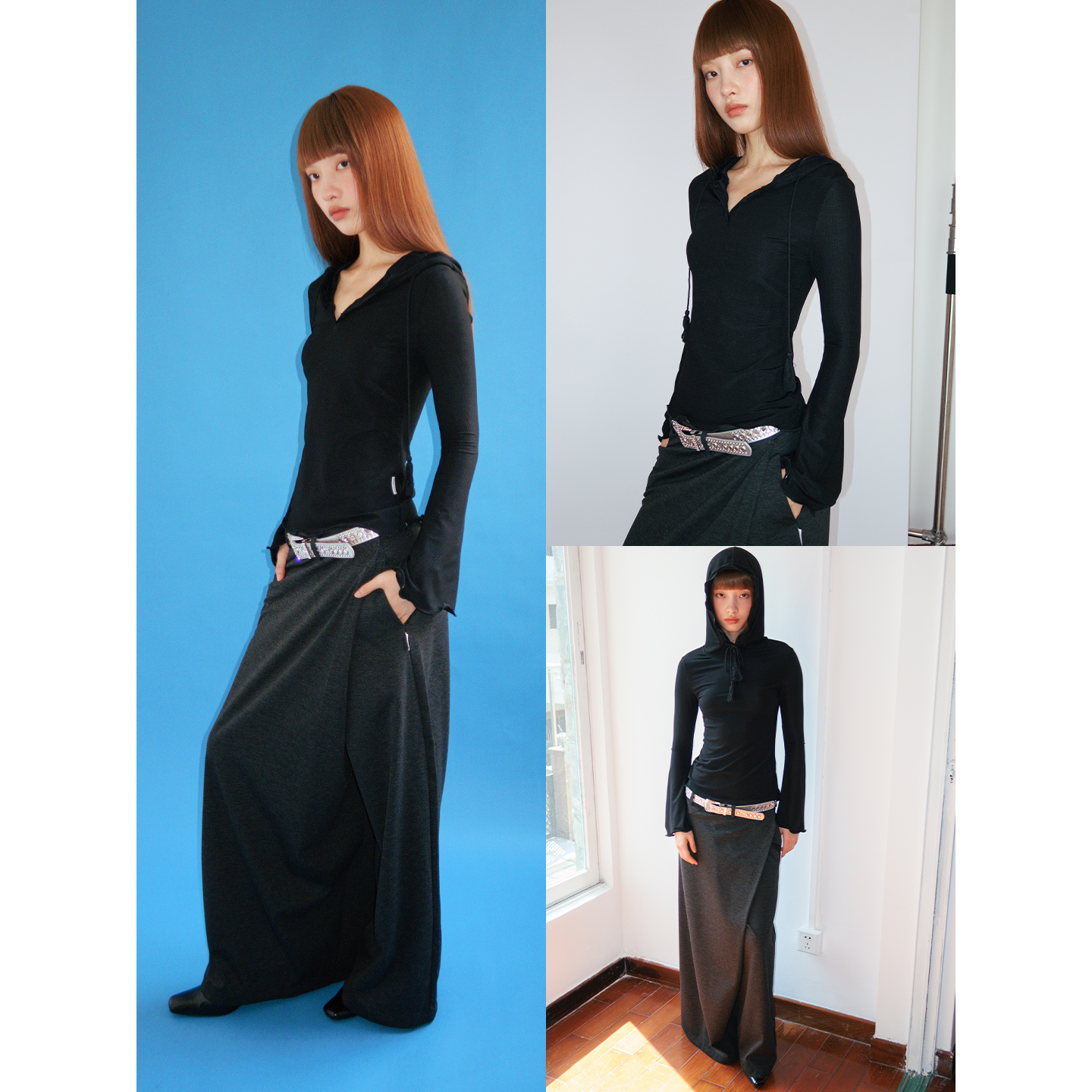 FUNKYFUN 细坑条肌理弹力喇叭袖木耳边连帽薄卫衣长袖T恤