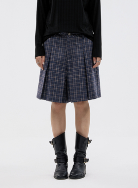 FUNKYFUN 2024AW 英伦复古格纹褶位廓形西裤裙休闲短裤