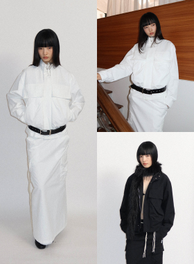 FUNKYFUN 2025AW 黑白纯色捏褶插袋拉链立领斜纹工装夹克外套