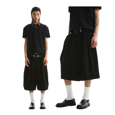 FUNKYFUN 2025SS 双片褶位设计无腰头阔型五分低裆西裤短裤