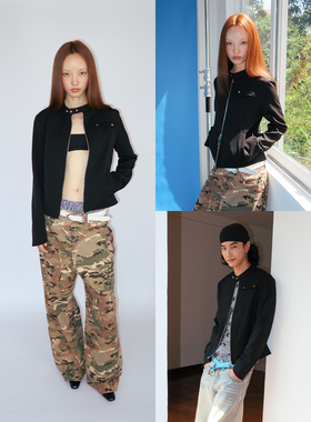 FUNKYFUN 双拉链短款微收腰正肩小立领黑色夹克外套