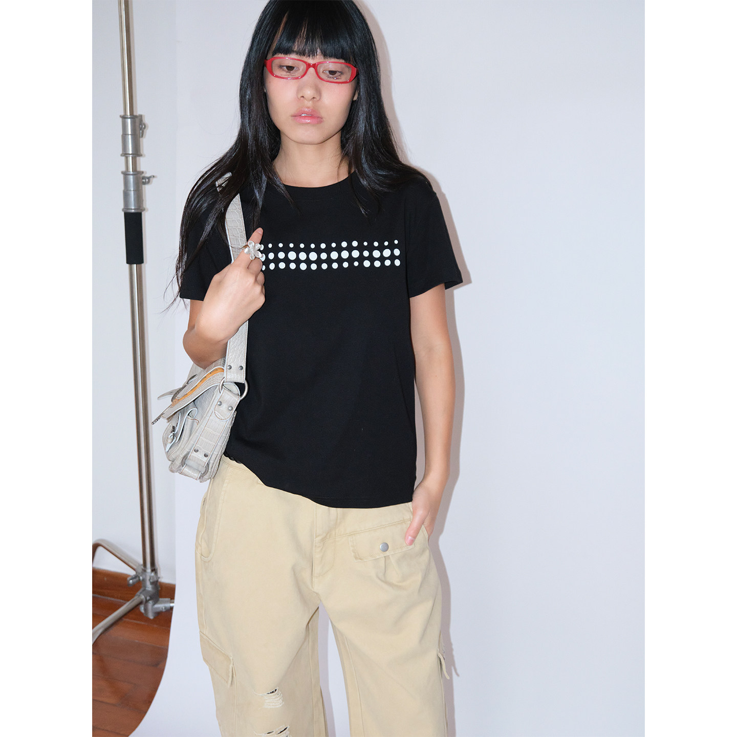 FUNKYFUN 横向不规则波点印花螺纹弹力正肩男女圆领短袖T恤 S01