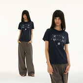 FUNKYFUN tee 手写标语印花宝蓝色正肩短袖 2025SS 天天好心情