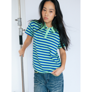 复古正肩短袖 美式 T恤上衣 绒毛撞色扣条纹翻领POLO衫 FUNKYFUN