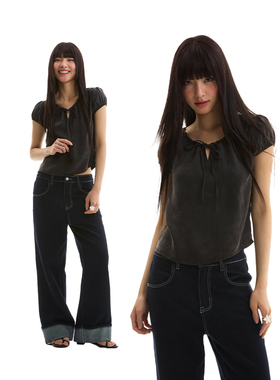 FUNKYFUN 2025SS 抽绳系带领口设计橡筋泡泡袖爽滑面料短袖T恤