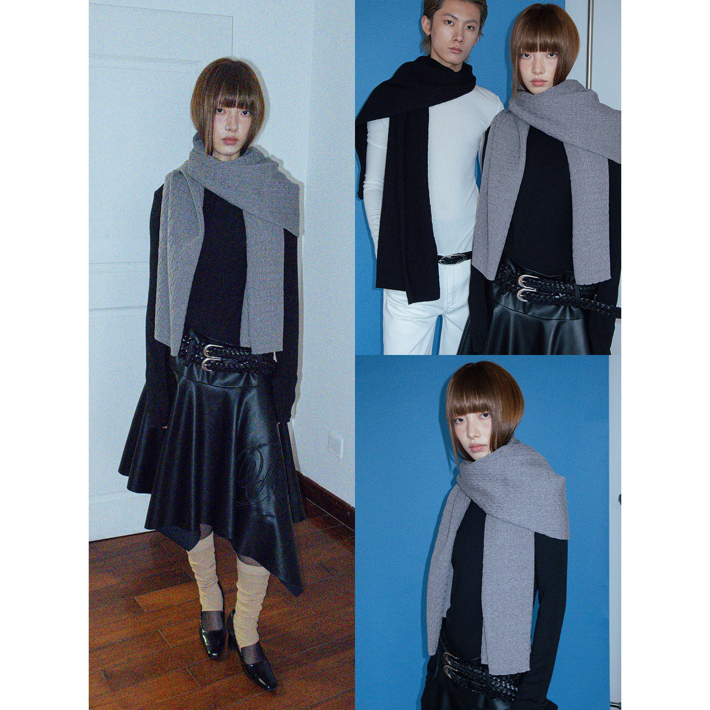 FUNKYFUN 黑色灰色细麻花纹针织秋冬大围巾围脖披肩