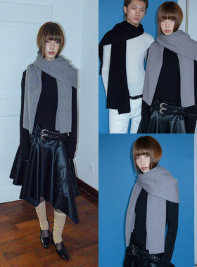 FUNKYFUN 黑色灰色细麻花纹针织秋冬大围巾围脖披肩