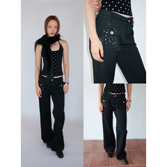 FUNKYFUN 中低腰烫钻细条纹廓形喇叭裤西裤长裤