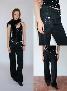 FUNKYFUN 中低腰烫钻细条纹廓形喇叭裤西裤长裤