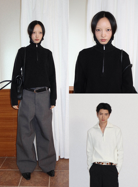 FUNKYFUN 2025AW 黑白色宽松半拉链高领针织厚实质感长袖男女毛衣