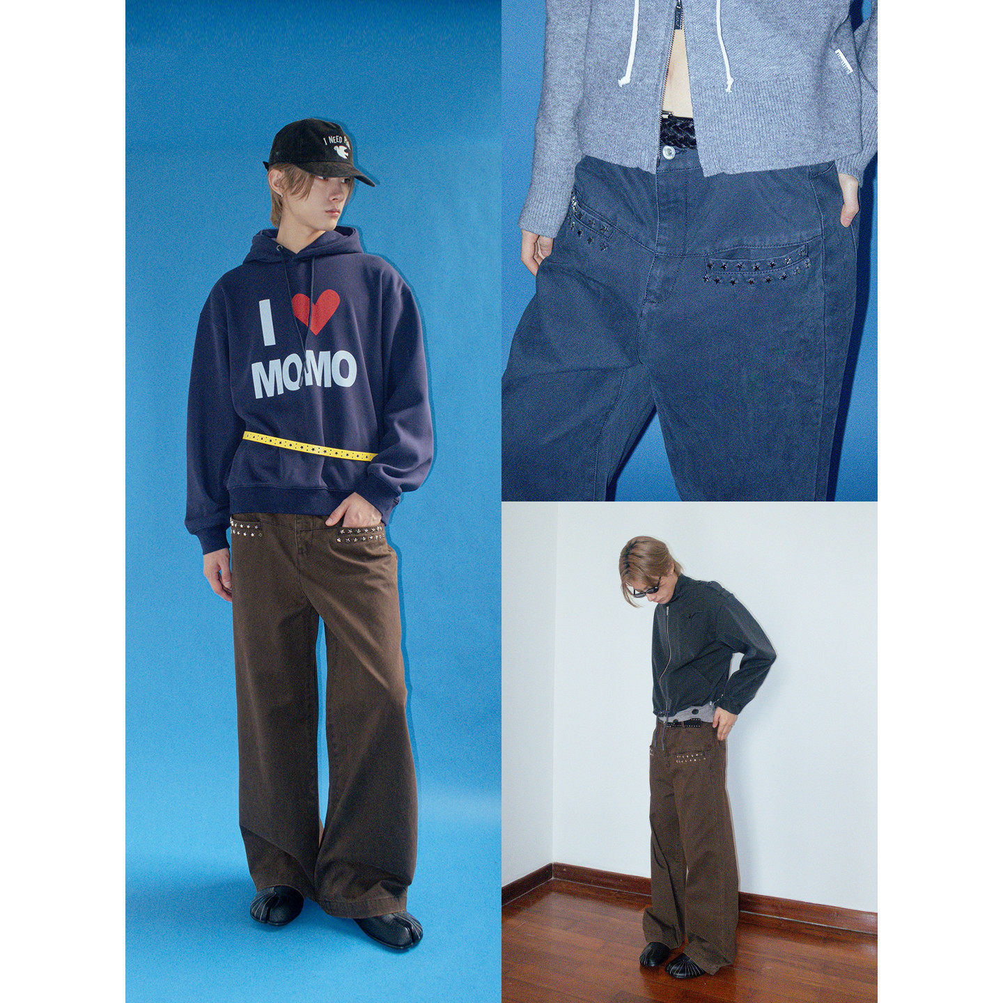 FUNKYFUN 星星铆钉装饰洗水做旧宽松直筒休闲裤工装裤