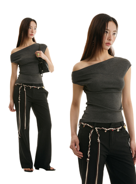 FUNKYFUN深灰色不规则斜肩短袖T恤舒适立挺空气层弹力一字肩短袖T