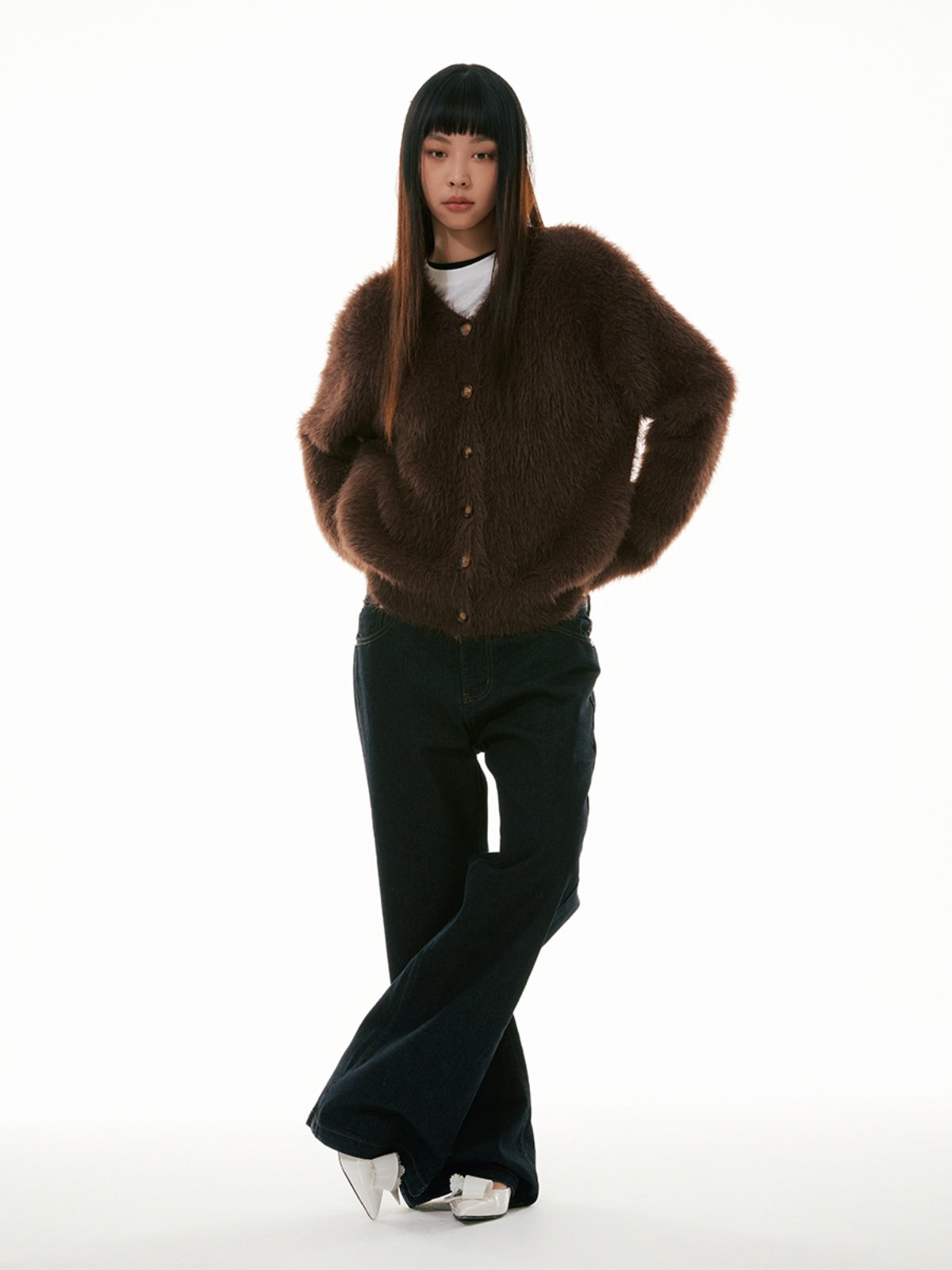 FUNKYFUN 2023AW 모조 밍크 V 넥 트렌디 한 복고풍 유행 카디건 남성과 여성을위한 부드러운 왁스 니트 스웨터 재킷