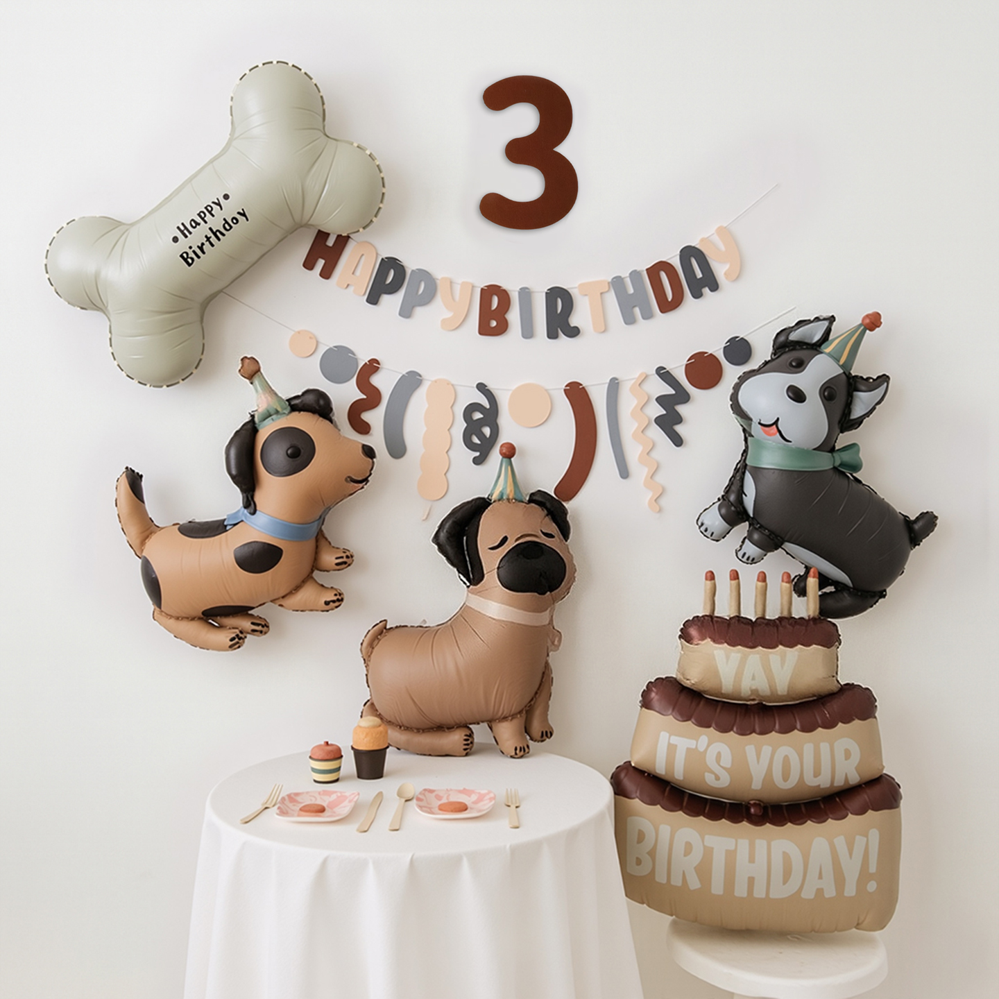 森系奶油狗狗宠物猫咪生日派对布置数字气球拍照道具装饰拉花拉旗