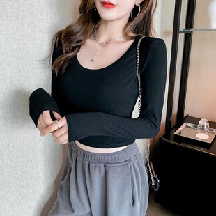 纯棉露腰修身长袖t恤女2023春秋韩版U领低短款紧身性感锁骨打底衫