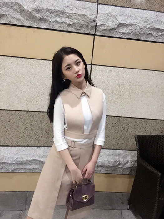 aijo_studio二件套 淑女裙纯色中长款套裙无袖显瘦裙子韩版学生装
