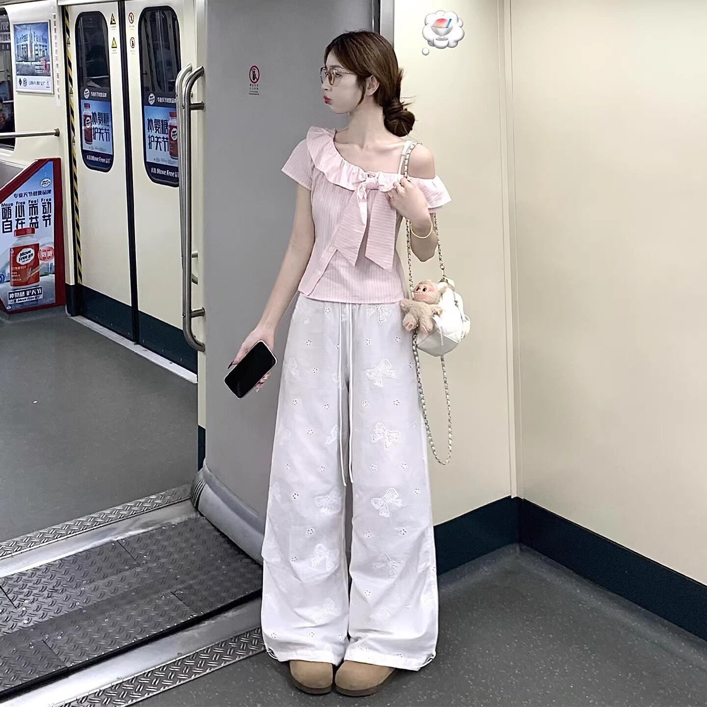 2026新款韩系甜美风粉色条纹露肩
