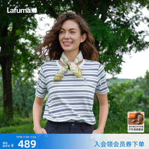 乐飞叶户外条纹V领短袖T恤女