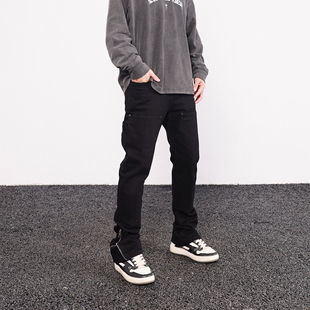 潮 显瘦微喇叭休闲裤 JDKZ欧美高街黑色侧拉链牛仔裤 男街头直筒修身