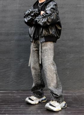 JDKZ春夏美式复古做旧满天星烫钻牛仔裤男街头水洗重磅宽松喇叭裤