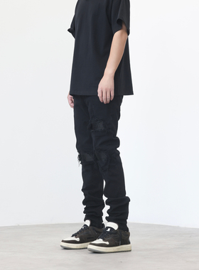 JDKZ美式高街机车破洞牛仔裤男街头修身显瘦直筒补丁破坏小脚长裤