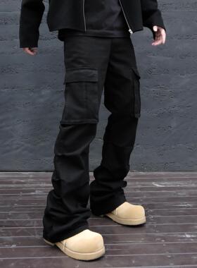 JDKZ春夏美式高街休闲工装裤男潮牌痞帅vide黑色微喇褶皱直筒长裤