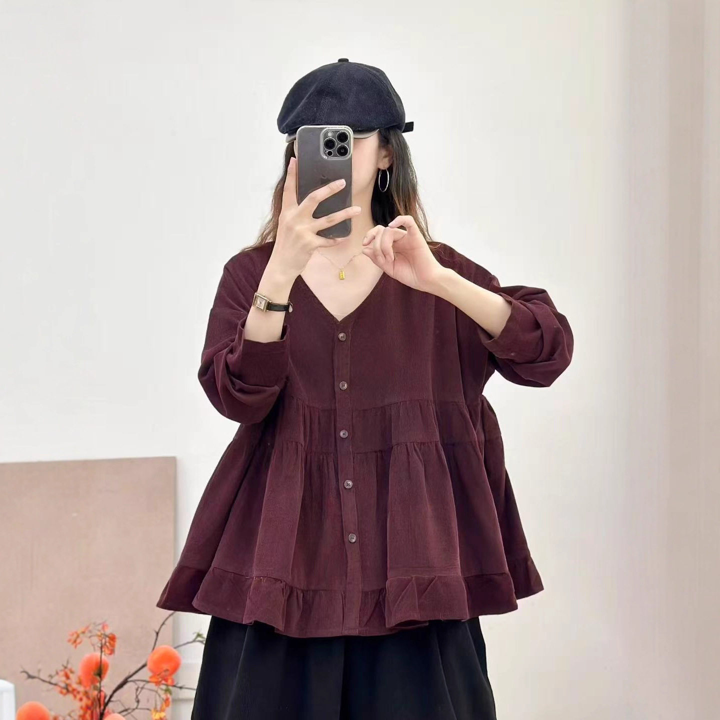 2025早秋新款v领细条绒娃娃衫 长袖拼接日式森女系坑条荷叶边上衣