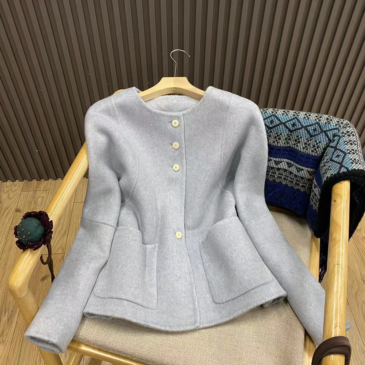 秋冬圆领双面羊毛羊驼大衣短款宽松百搭气质简约保暖外套女