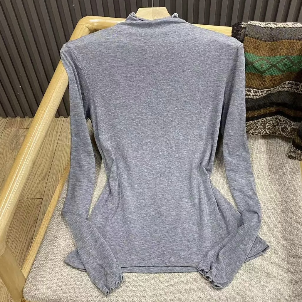 基础款早秋半高领纯色套头打底衫羊毛衫混纺薄款百搭木耳边上衣女