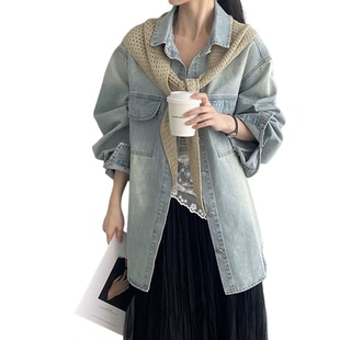那末 慵懒腔调~韩系宽松大版水洗牛仔衬衫女翻领休闲百搭外套