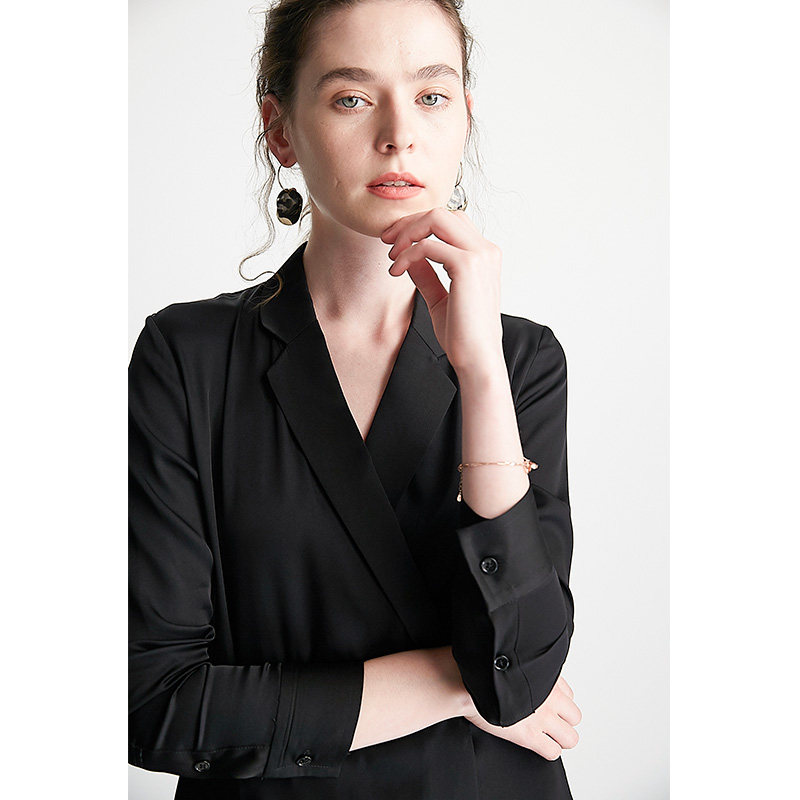 毒家高品职业装v领上衣黑色雪纺衬衫女设计感小众长袖衬衣女夏