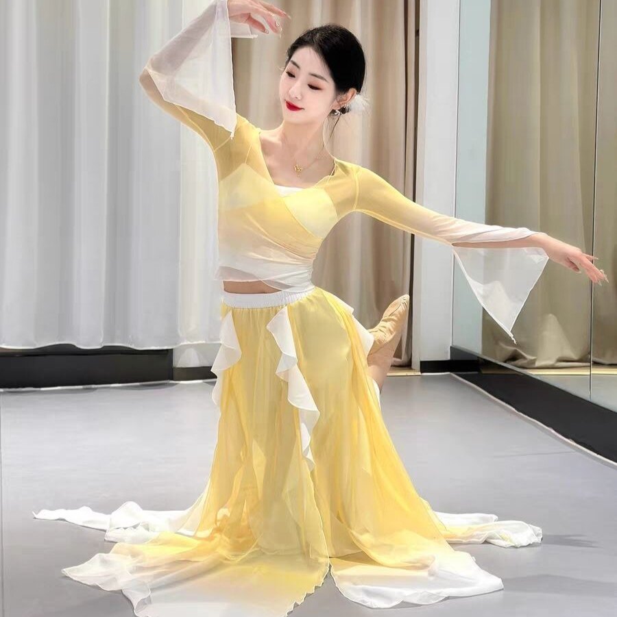 春不晚舞蹈服装黄色超仙古典舞纱衣中国舞艺考演出服春三月表演服