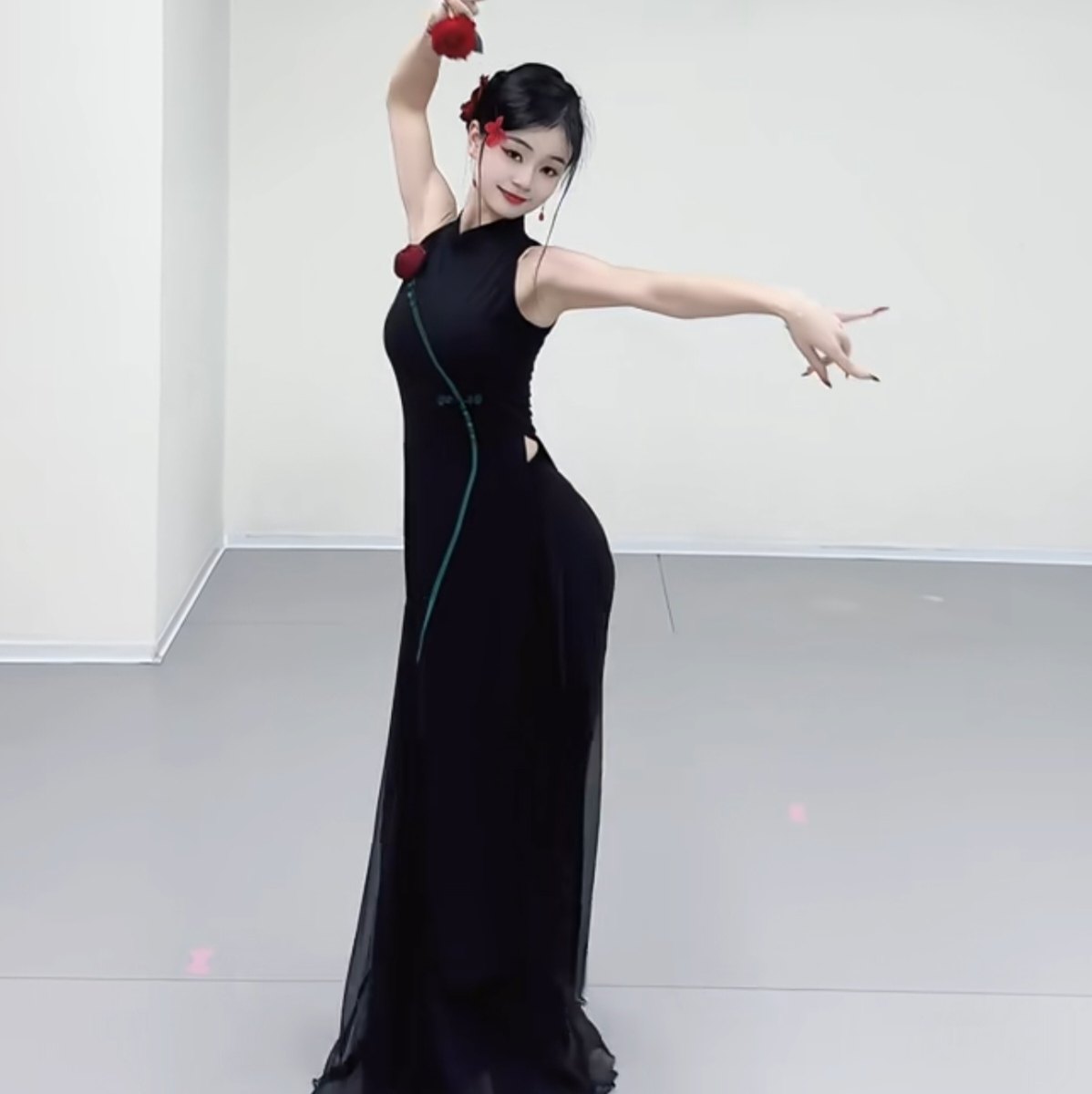 夜的第七章舞蹈旗袍冰丝弹力黑色显瘦新中式花样年华演出服女表演