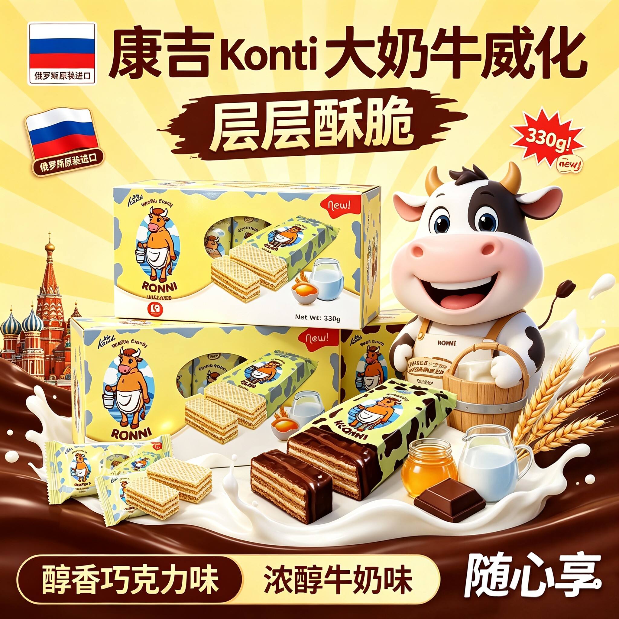 konti康吉牌俄罗斯进口大奶牛巧克力威化饼干牛奶味休闲食品礼品