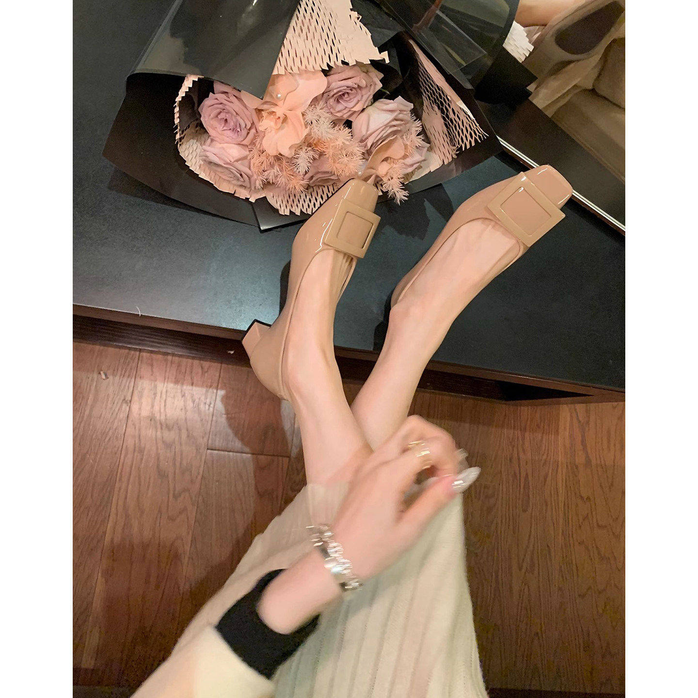 粗跟方头单鞋女浅口方扣漆皮职业通勤上班工作鞋中跟简约百搭高跟