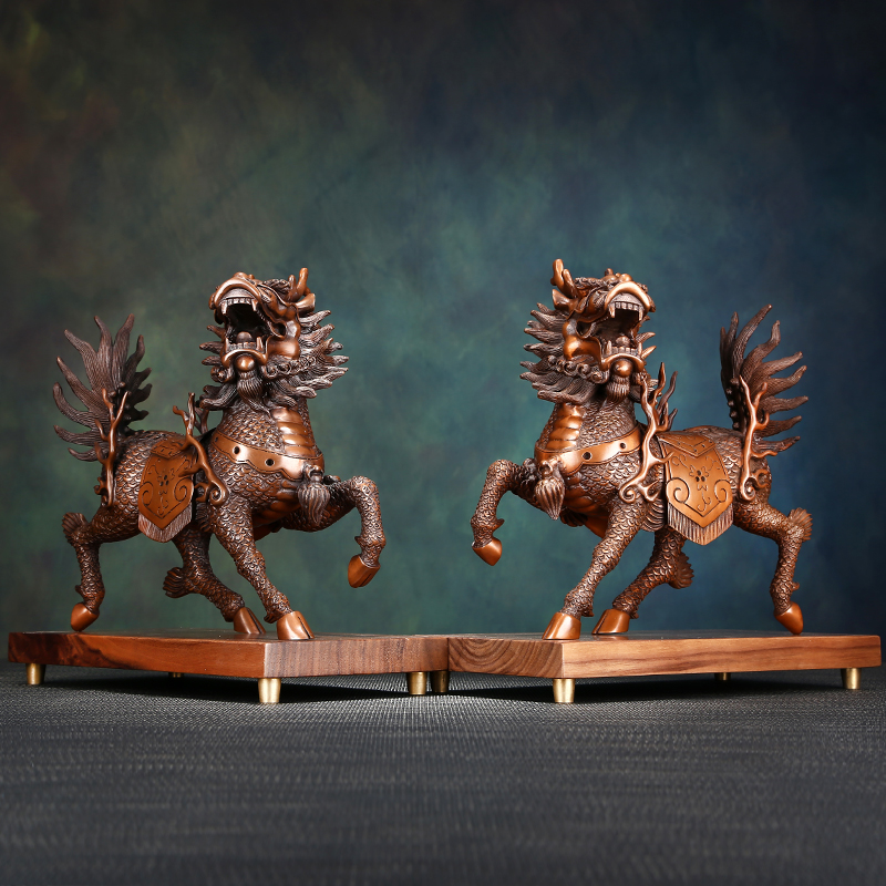 紫铜火焰麒麟摆件一对中式客厅