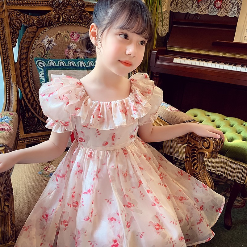 女童连衣裙夏装2025新款洋气儿童网红泡泡袖公主裙女孩碎花雪纺裙