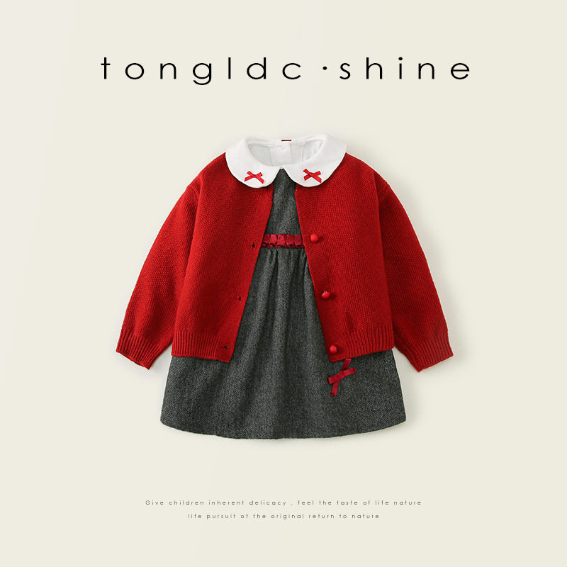 夕煜童装女童春装三件套儿童开衫针织外套长袖衬衫背心裙套装
