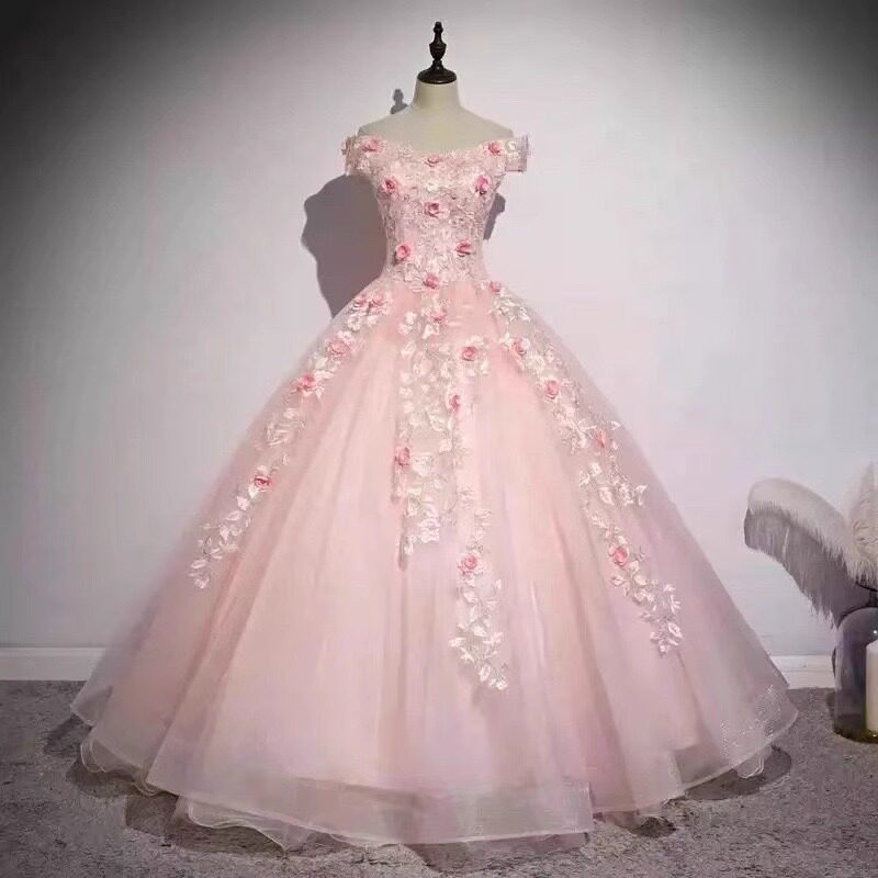 粉色花朵一字肩蓬蓬晚礼服女独唱艺考钢琴古筝订婚新娘敬酒服