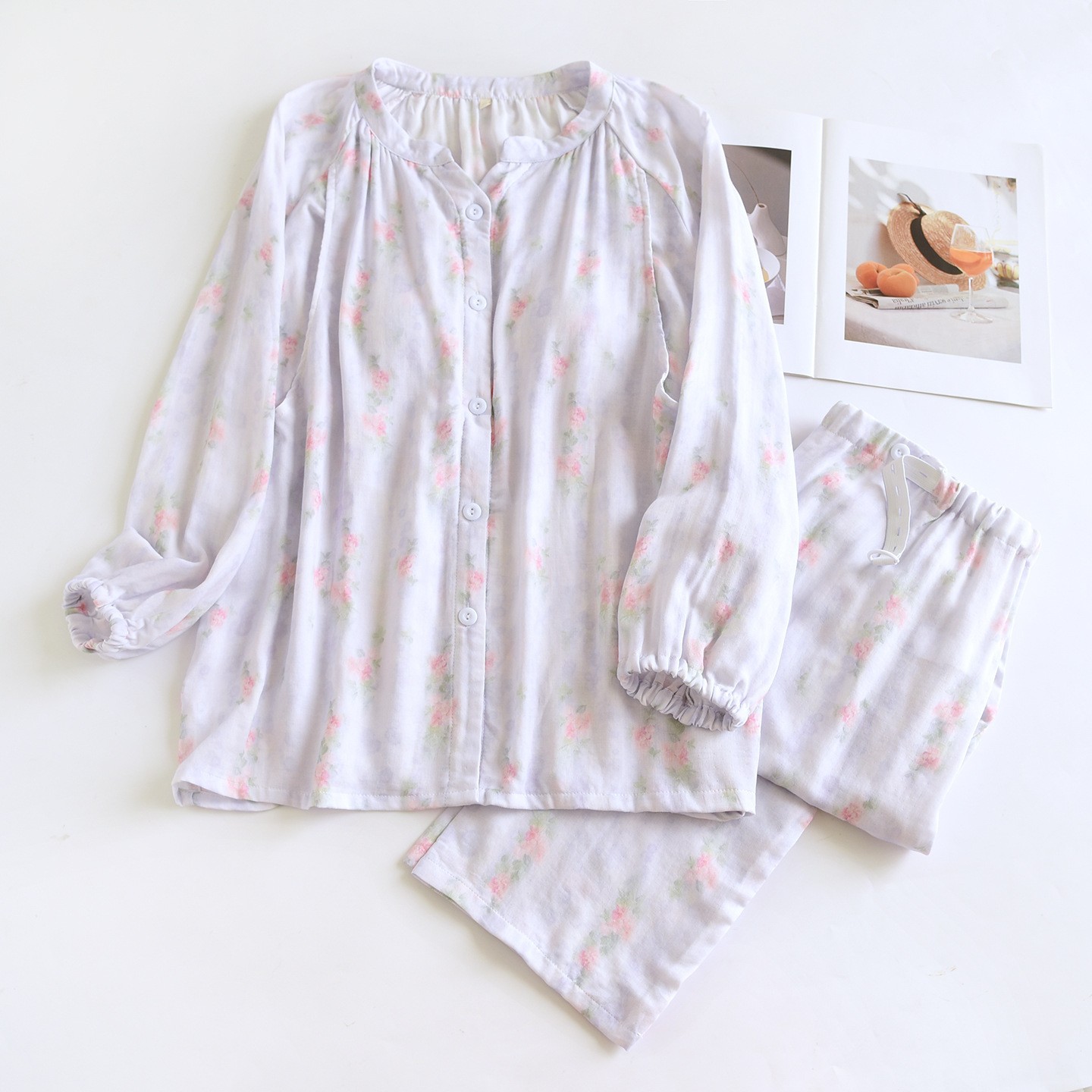 竹棉纱布月子服夏季薄款长袖袖待产后带胸垫竹纤维哺乳衣孕妇睡衣