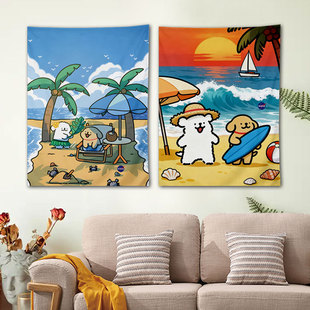 线条小狗海边联名NASA挂布卧室宿舍客厅墙背景布墙面装饰画挂画